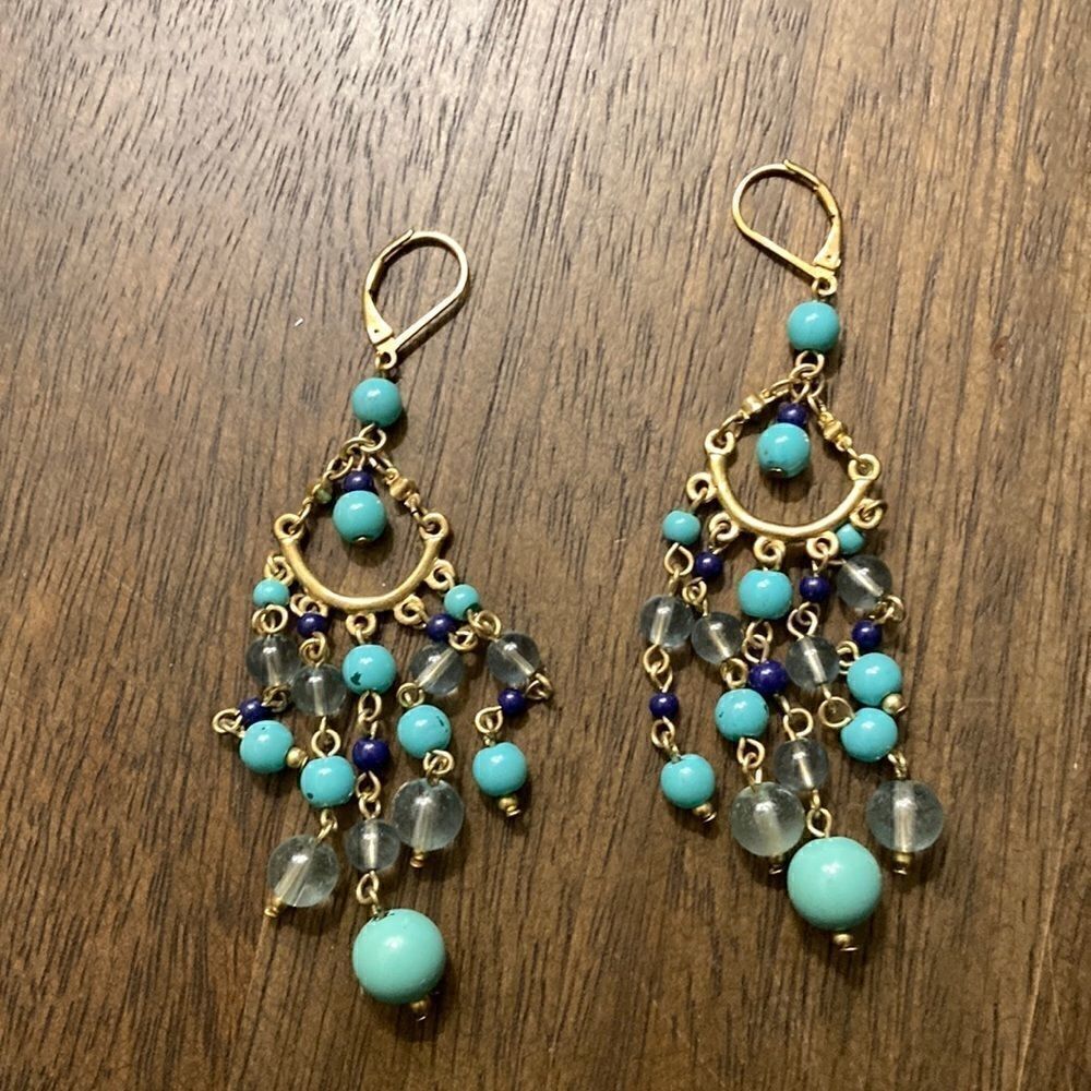 Vintage Gold tone Chandelier earrings With Turquoise, Blue and crystal beads.